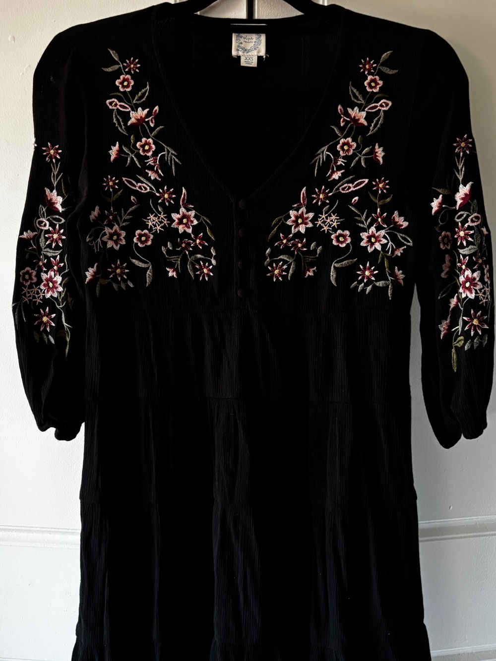 Blue Rain Black Tunic Dress with Floral Embroidery